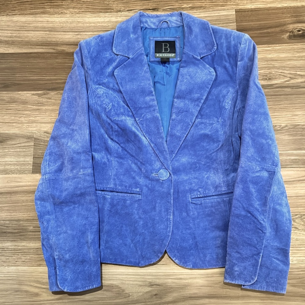 B by Bernardo Suede Blue Pockets Lined Button Up Dramatic Unique Jacket S